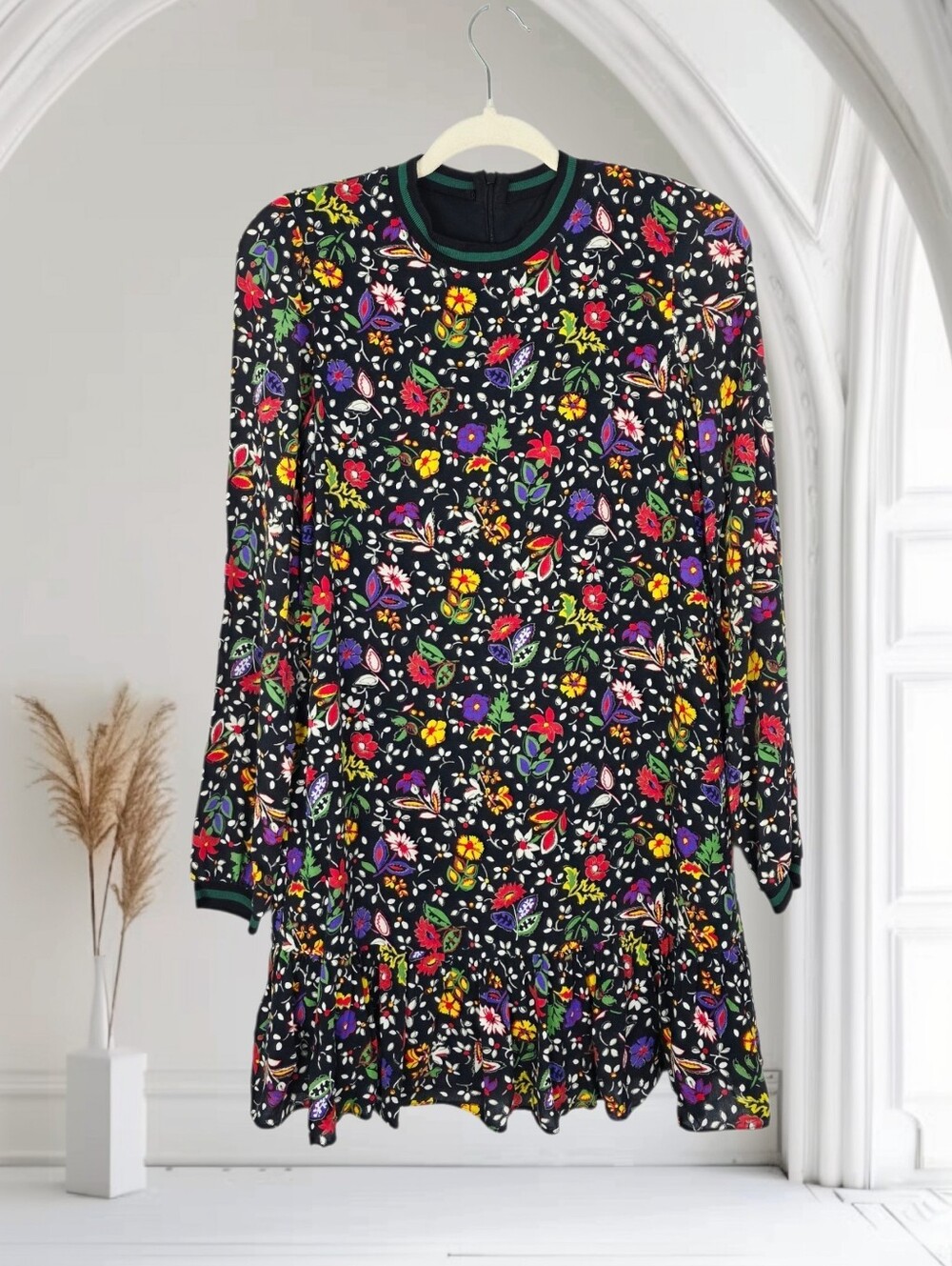 Zara Black Floral Ruffle-Hem Long-Sleeve Mini Dress Size XS